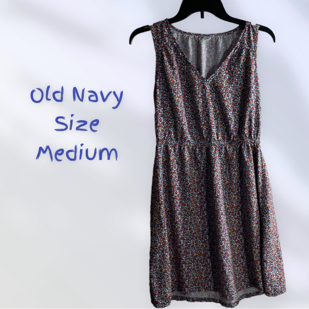Old Navy size medium blue and red flowered sleeveless dress.
